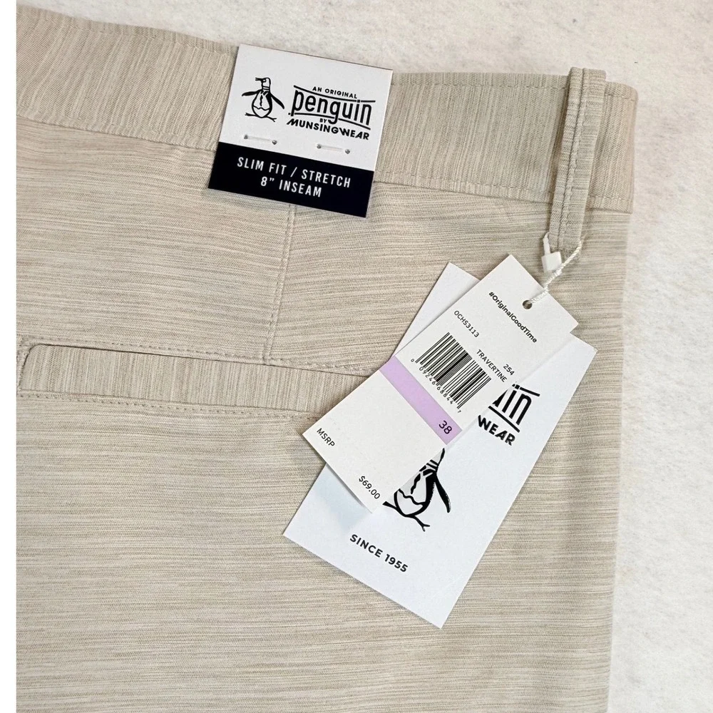 Original Penguin Mens 38 Golf Shorts Travertine Tan Slim Fit Stretch 8in Inseam